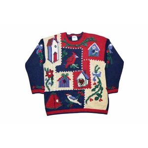 Vintage 80s Christopher & Banks Birdhouse Sweater Cardinal Cottagecore Med
